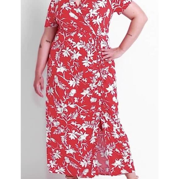 Red Tropical Floral Print Short Sleeve Wrap Maxi Dress Plus Sz 2X Stretch Cruise - Picture 1 of 10